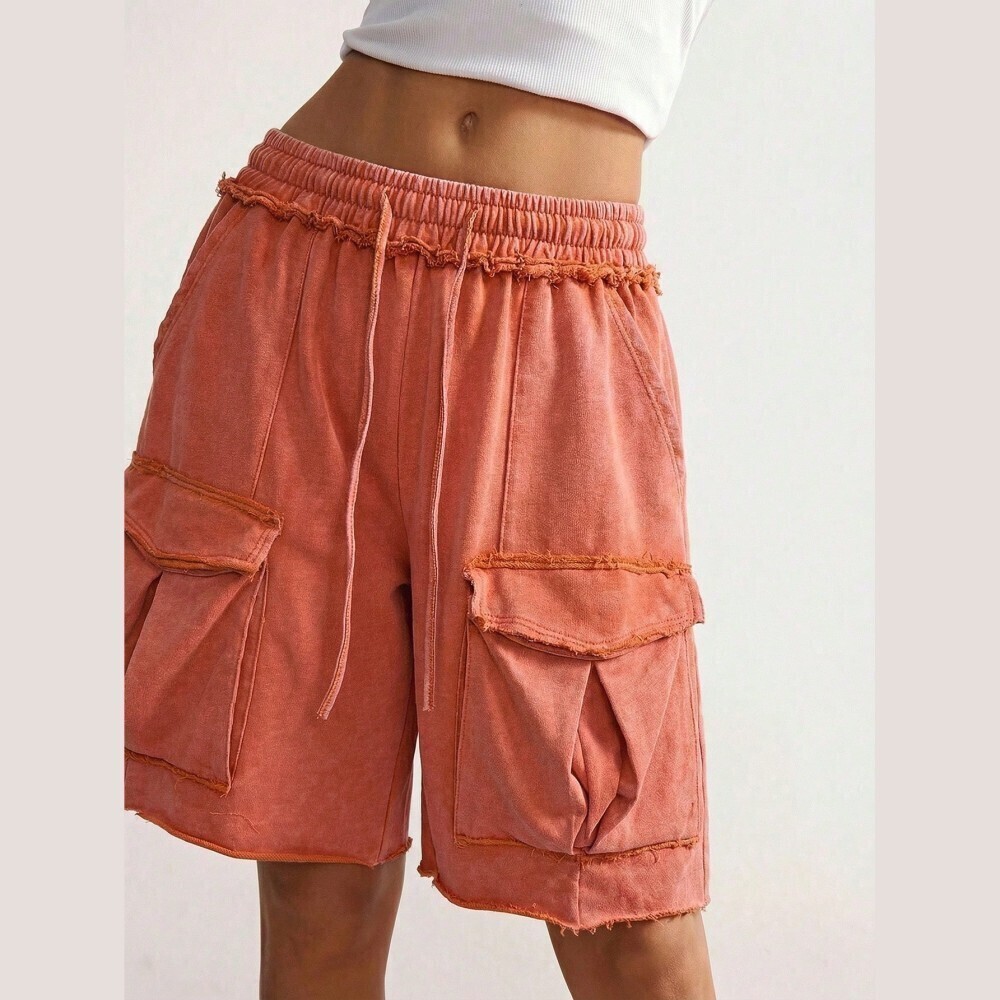 Rust Orange Cargo Shorts with Raw Frayed Trim
